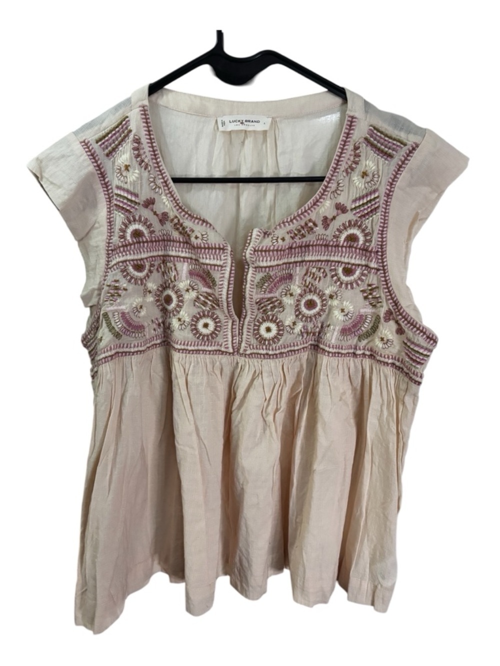 Cottagecore Lucky Brand Floral Embroidered Boho Blouse | Size L